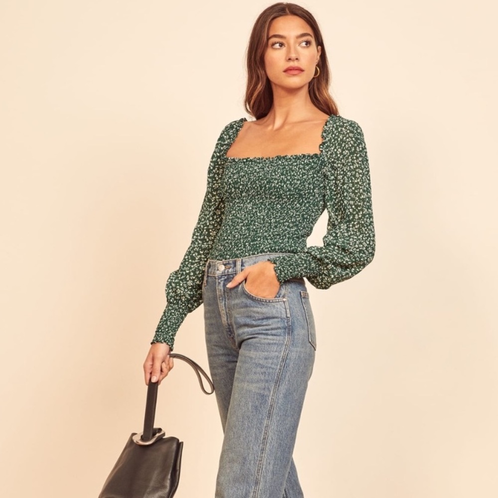 Reformation Green Floral Top